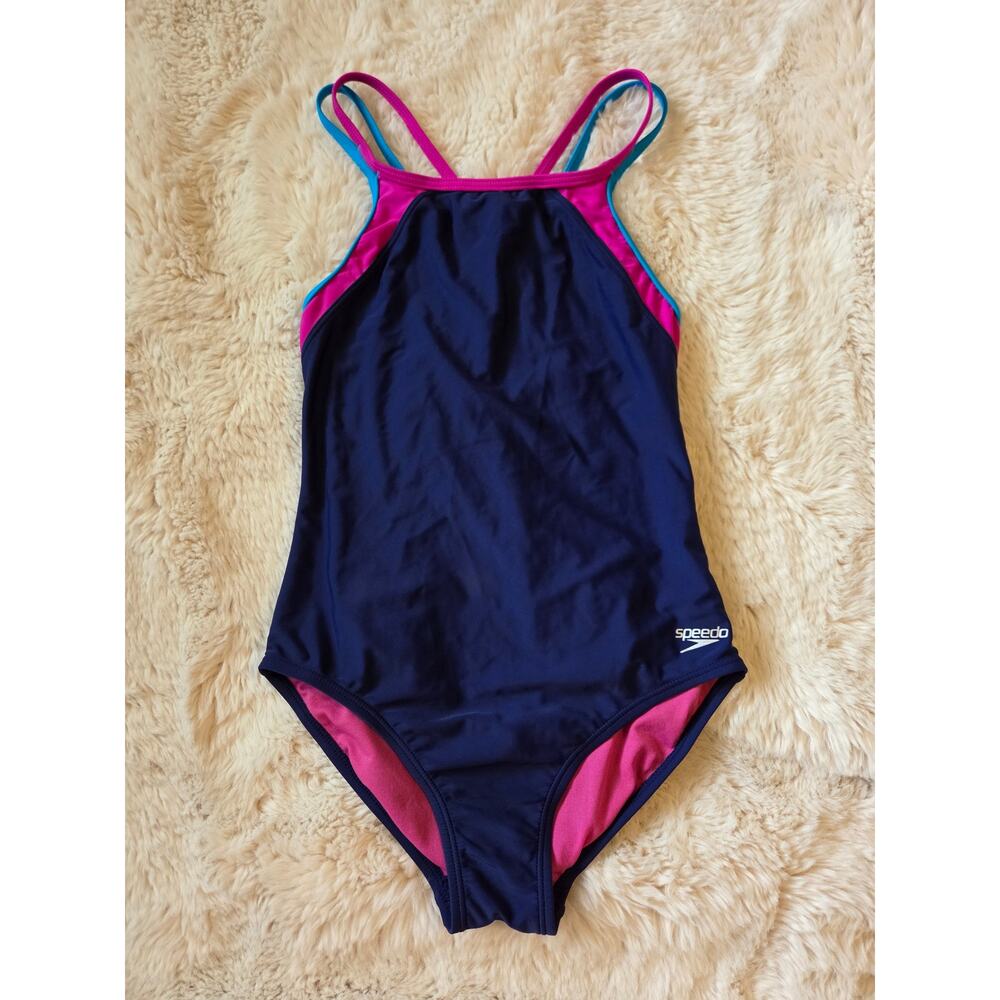 Speedo One Piece Racerback Blue Pink Swimsuit size 14 Girls
